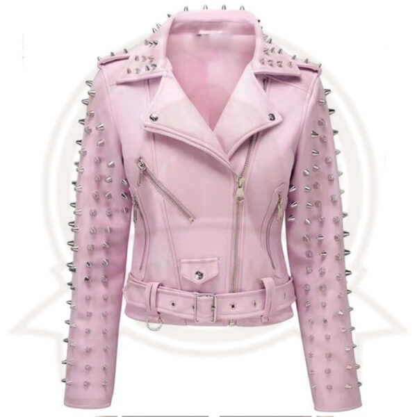 Women's Pink Leather Jacket with Studs