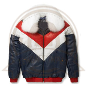 V-Bomber Style Shearling Collar Leather Jacket-Zenonix Impex