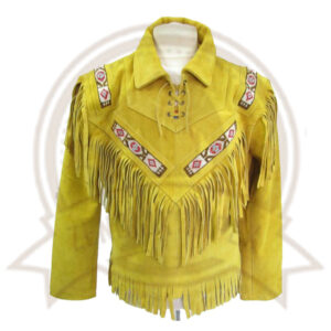 Unisex Yellow Suede Leather Jacket - Vintage Cow-boy Fringes & Beads Coat-Zenonix Impex