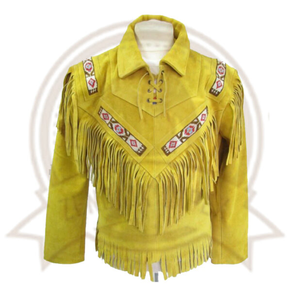 Unisex Yellow Suede Leather Jacket - Vintage Cow-boy Fringes & Beads Coat-Zenonix Impex