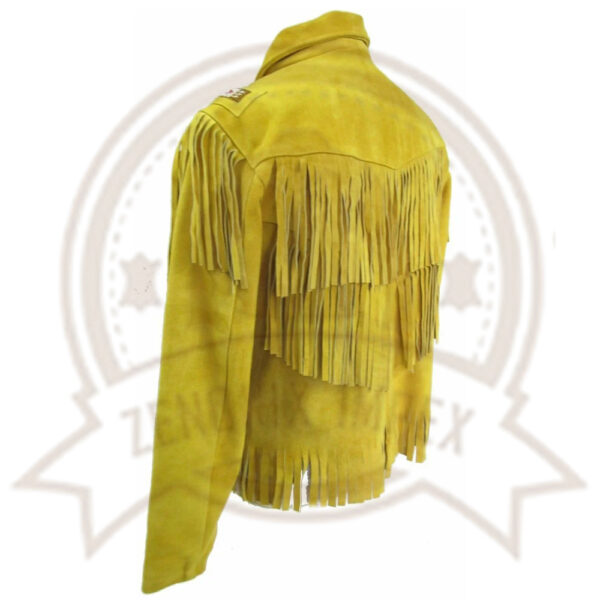 Unisex Yellow Suede Leather Jacket - Vintage Cow-boy Fringes & Beads Coat-Zenonix Impex