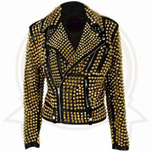 Women's Brando Golden Metal Studded Moto Biker Cowhide Leather Jacket