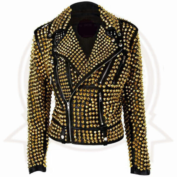 Women's Brando Golden Metal Studded Moto Biker Cowhide Leather Jacket
