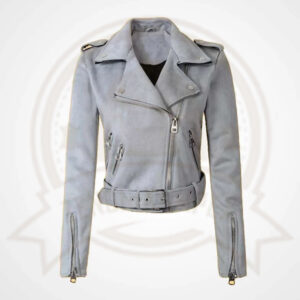 Women's Gray Suede Leather Biker Moto Jacket