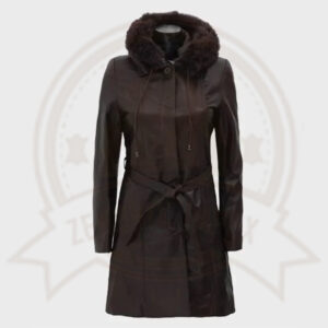 Dark Brown Women’s Fur Hooded Leather Coat