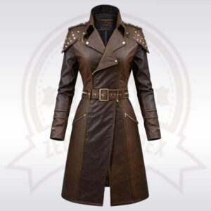 Women’s Brown Studded Faux Leather Trench Coat