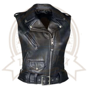 Black Leather Biker Vest for Women