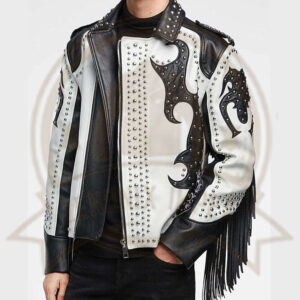 New Men’s Black & White Silver Studded Cowboy Leather Jacket with Fringes