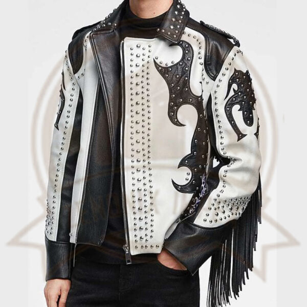 New Men’s Black & White Silver Studded Cowboy Leather Jacket with Fringes