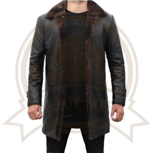 Mens Shearling Lined Black Leather Trench Coat