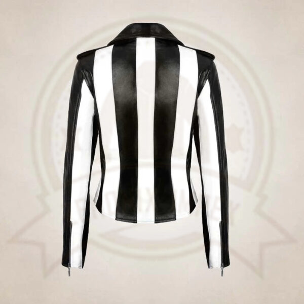 Women's Black and White Striped Leather Biker Jacket