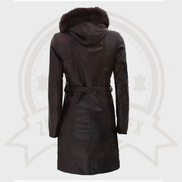 Dark Brown Women’s Fur Hooded Leather Coat
