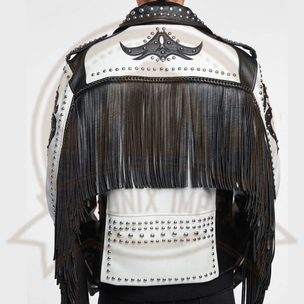 New Men’s Black & White Silver Studded Cowboy Leather Jacket with Fringes