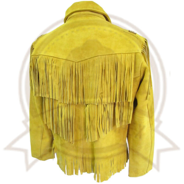 Unisex Yellow Suede Leather Jacket - Vintage Cow-boy Fringes & Beads Coat-Zenonix Impex