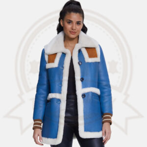 Blue Shearling Jacket with White Fur for Women-Zenonix Impex