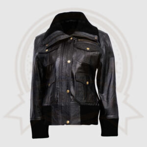 Women's Four-Pocket Black Leather Bomber Jacket-Zenonix Impex