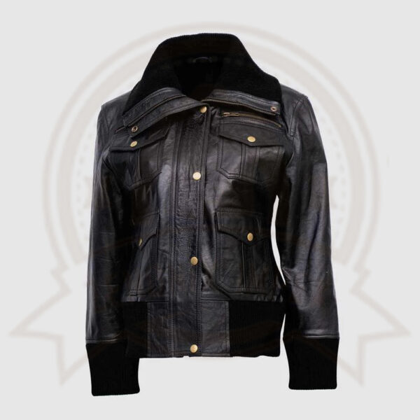 Women's Four-Pocket Black Leather Bomber Jacket-Zenonix Impex