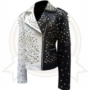 Women's Black and Silver Spiked Studded Biker Leather Jacket