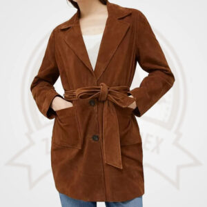 Rust Suede Leather Long Trench Coat - Women's Notched Lapel Elegance