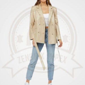 Women’s Beige Double-Breasted Leather Coat