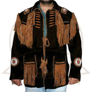 Men's Black Western Cowboy Suede Leather Jacket with Fringes