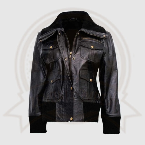 Women's Four-Pocket Black Leather Bomber Jacket-Zenonix Impex