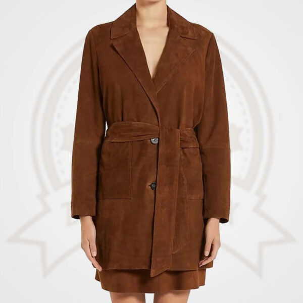 Rust Suede Leather Long Trench Coat - Women's Notched Lapel Elegance