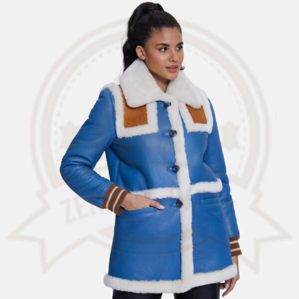 Blue Shearling Jacket with White Fur for Women-Zenonix Impex