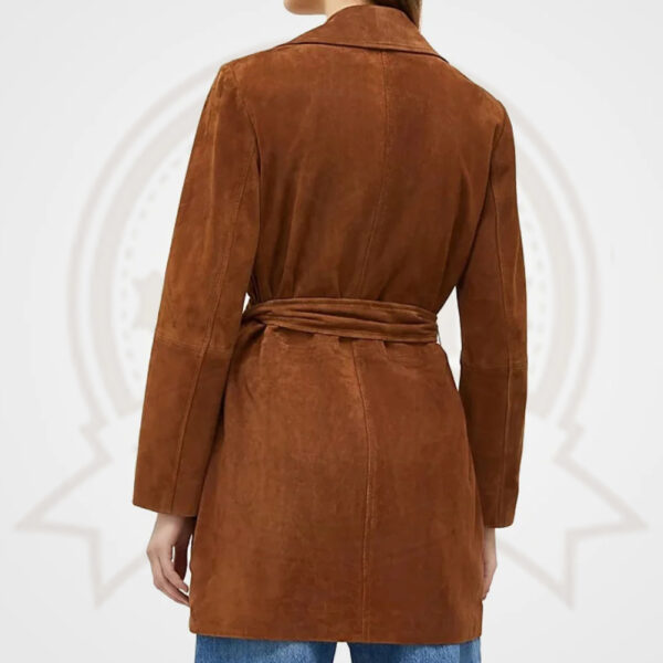 Rust Suede Leather Long Trench Coat - Women's Notched Lapel Elegance