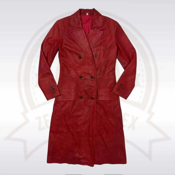 Women’s Red Genuine Leather Trench Coat Long Belted Jacket