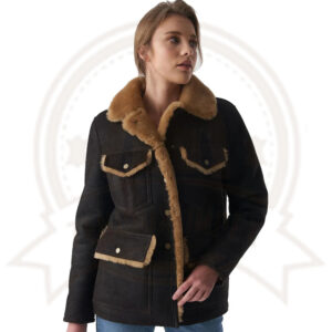 Black Shearling Jacket with Brown Fur for Women-Zenonix Impex