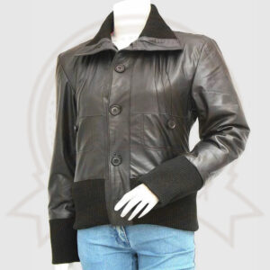 Women's Black Leather Bomber Jacket-Zenonix Impex