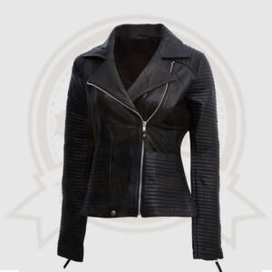 Women's Black Zipper Biker Jacket with Lip Collar