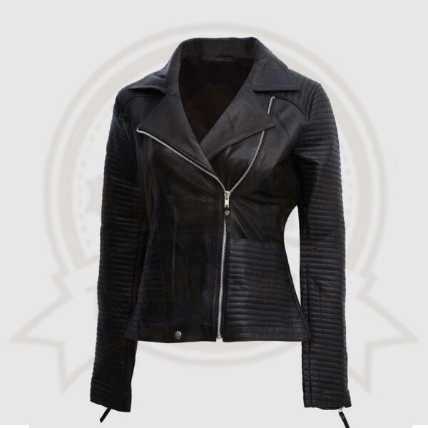 Women's Black Zipper Biker Jacket with Lip Collar