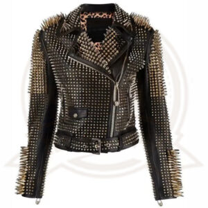 Women Jacket Punk Style - Long Spiked Studded Biker Genuine Cowhide Leather Jacket