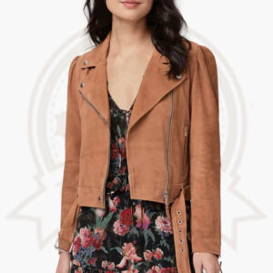 Women's Tan Brown Belted Suede Leather Biker Jacket