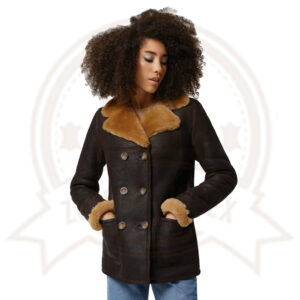 Women's Washed Brown Shearling Peacoat with Ginger Fur