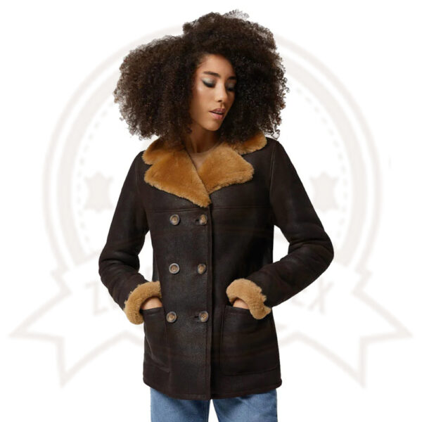 Women's Washed Brown Shearling Peacoat with Ginger Fur