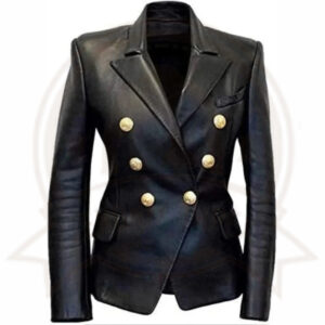 Women's Designer Double Breasted Black Leather Blazer