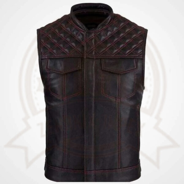 Men's Cowhide Leather Motorcycle Vest with Diamond Stitching