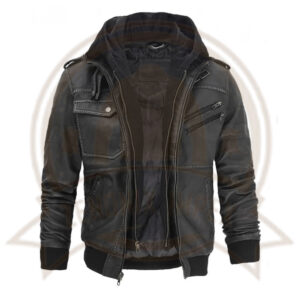 Men’s Grey Hooded Bomber Leather Jacket