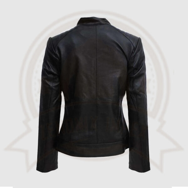 Women's Black Zipper Biker Jacket with Lip Collar