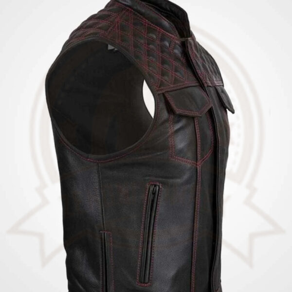 Men's Cowhide Leather Motorcycle Vest with Diamond Stitching
