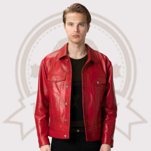 Premium Red Lambskin Leather Trucker Jacket for Men-Zenonix Impex