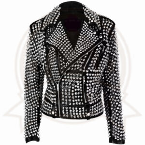 Premium Womens Gothic Punk Silver Studded Leather Jacket in Black