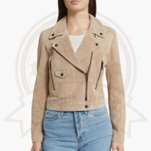 Women's Tan Beige Suede Biker Leather Jacket