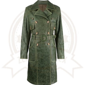 Stylish Green Distressed Leather Trench Coat for Women