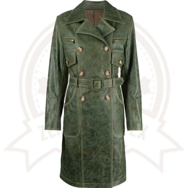 Stylish Green Distressed Leather Trench Coat for Women