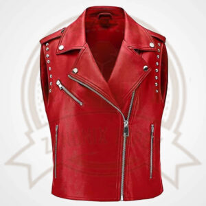 Women's Red Sheepskin Leather Biker Vest with Studded Accents