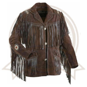 Men's Brown Suede Leather Fringed Jacket with Beaded Coat